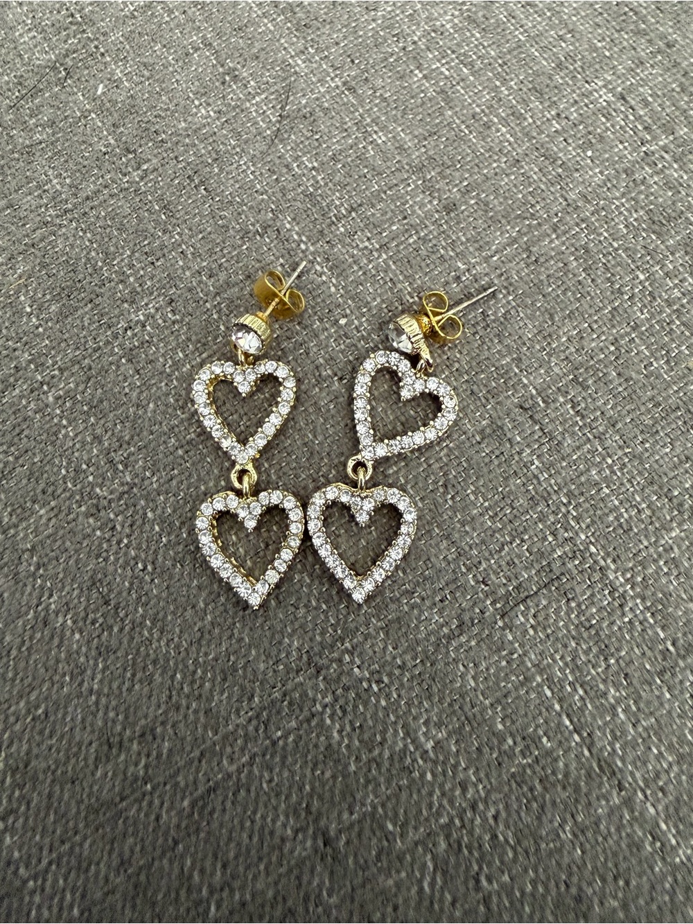Gold-Tone Double Heart Rhinestone Dangle Earrings